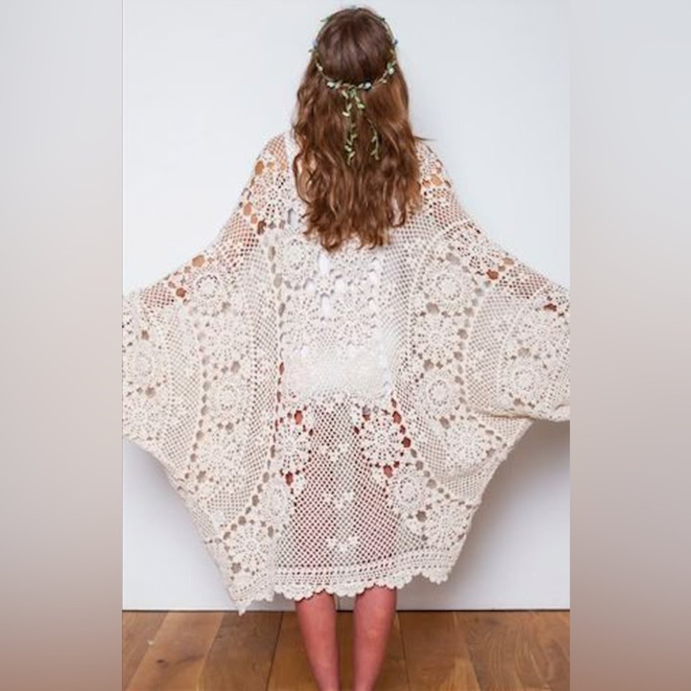 Mes Demoiselles Paris Metallic Crochet Cardigan Kimono OS Gold Shimmering Boho